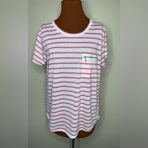 NWT Ellen Tracy Peony Oatmeal Heather Striped Short Sleeve Shirt Size Large